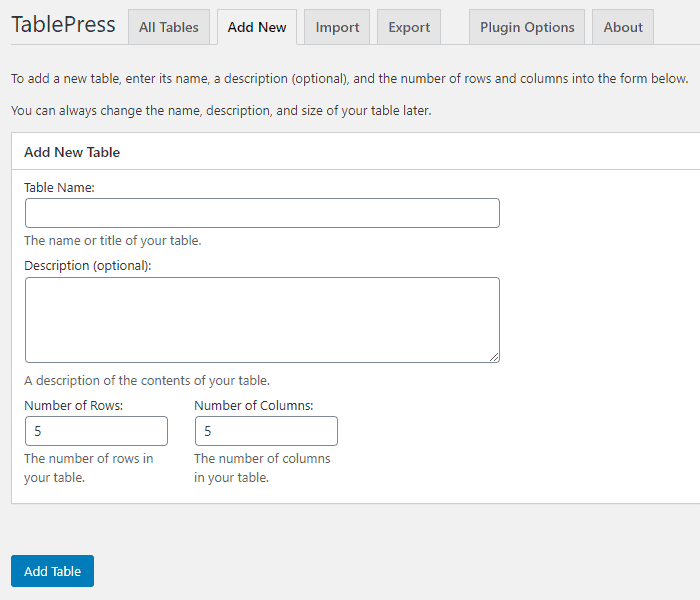 Add Tables on WordPress